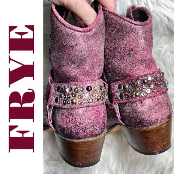 FRYE Deborah Studded Short Cowboy Western Boots Distressed Harness Pink, Size 8 - Picture 6 of 13